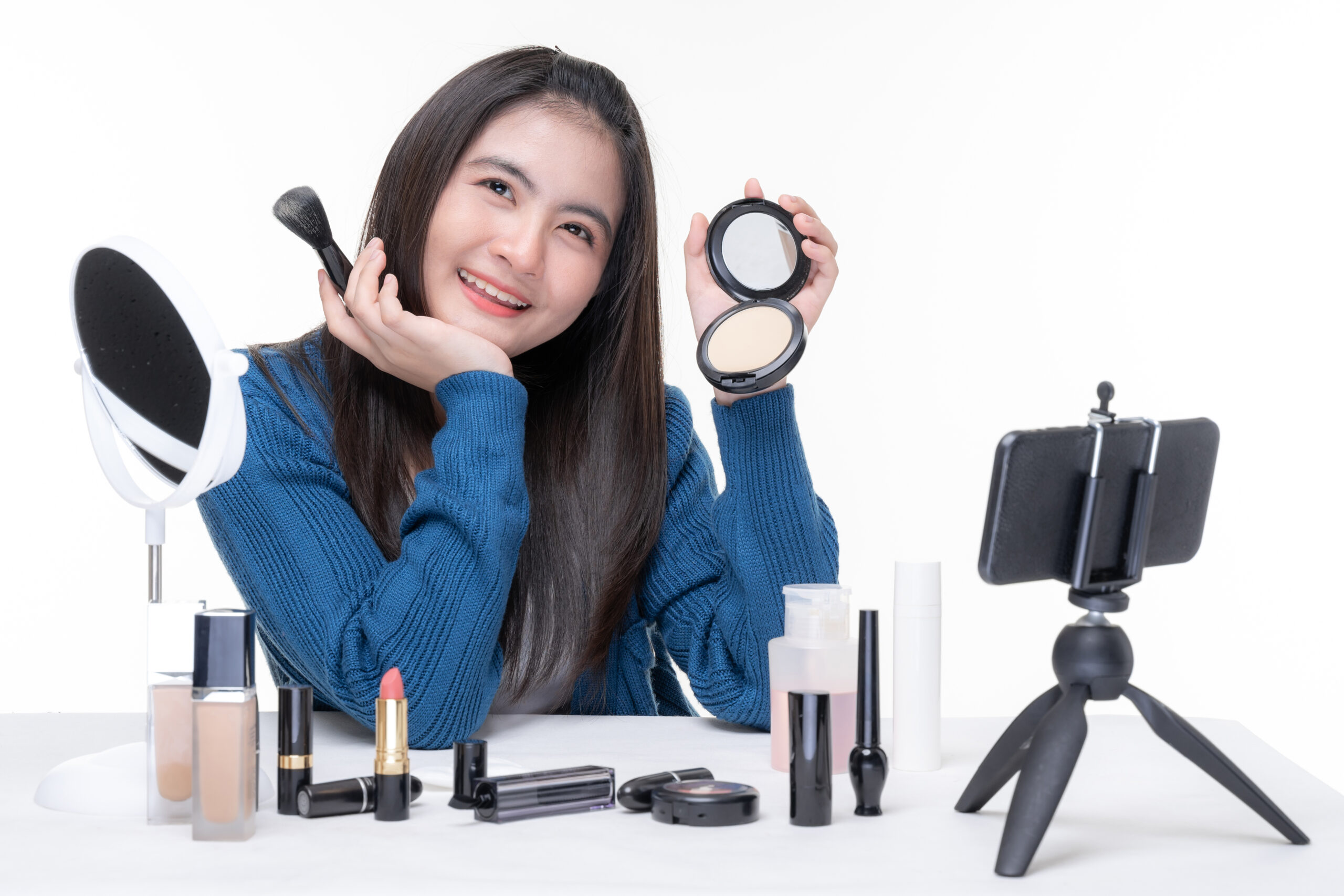 portrait beautiful young asian woman beauty vlogger making make up looking camera blogger recording streaming video share social media