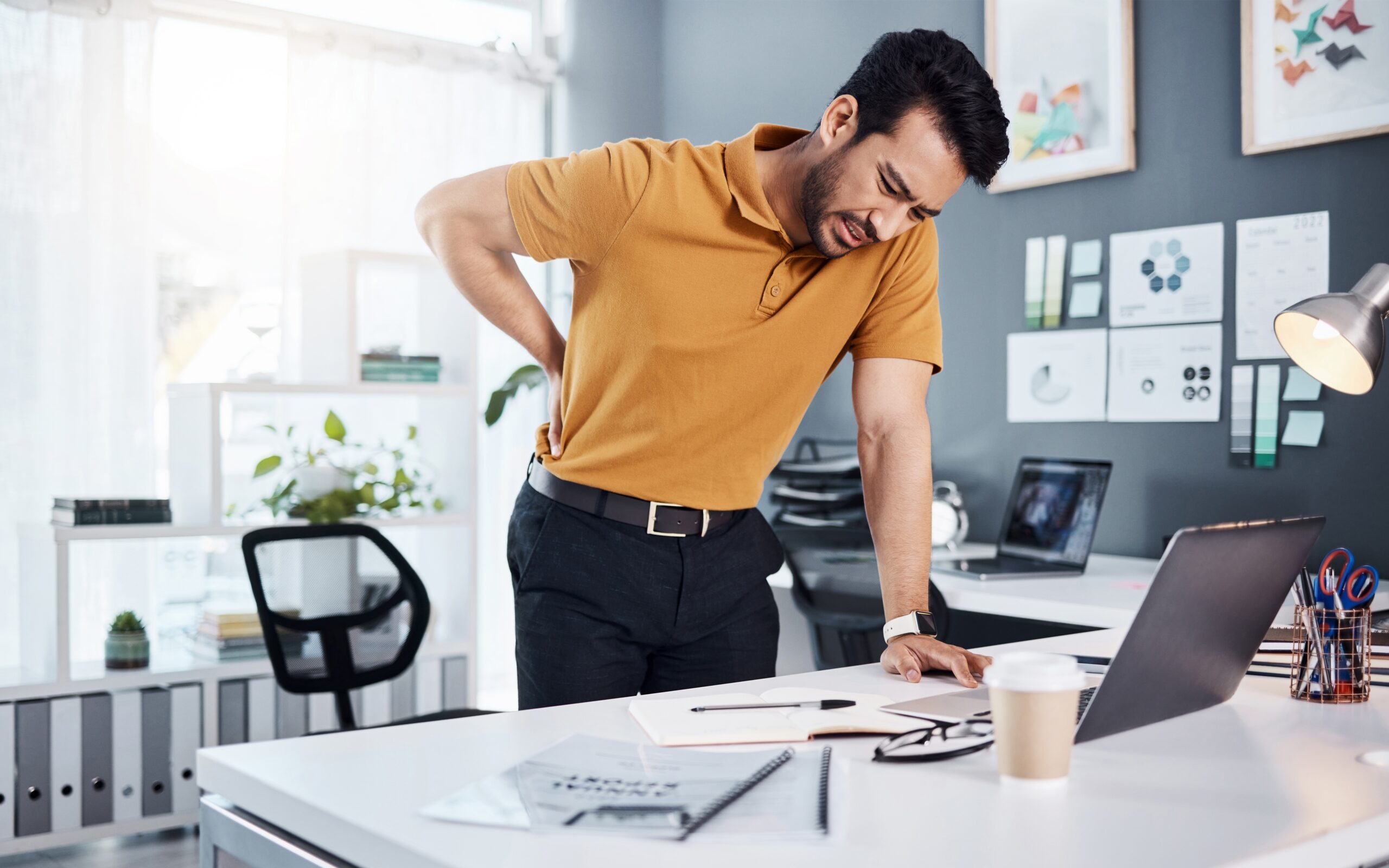Business,Man,,Stress,And,Back,Pain,At,Office,Desk,With